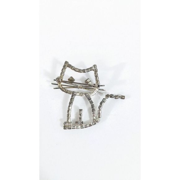 Rhinestone outline Cat brooch - red eyes retro mod pin silver toned - Picture 3 of 5